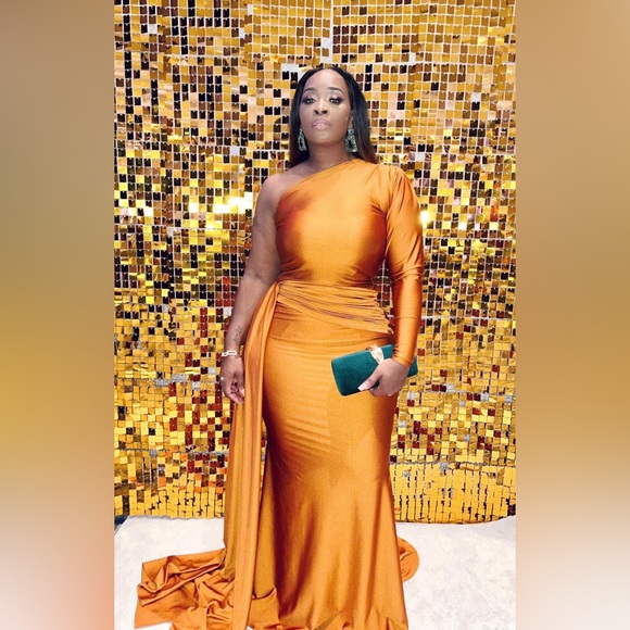 Custom Made Copper One Shoulder Formal Dress with Side Train - Picture 3 of 5